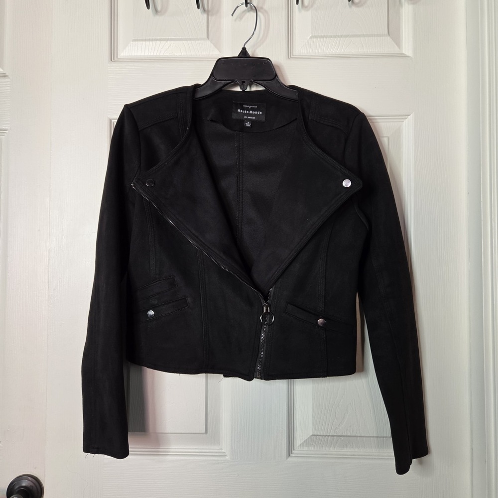Haute Monde Black Faux Suede Moto Jacket Crop Front Zip Rock Festival Punk Mediu